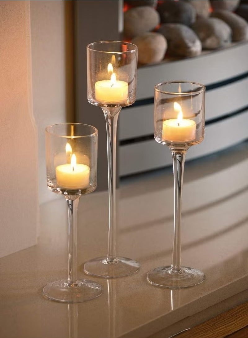 Beauenty Tealight Candle Holders Glass: Set of 3 Long Stemmed Candle Stands for Dinner Table Centerpiece - Monet Candleholders Pillar Floating Candles - Image 2